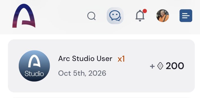 A screenshot of an app interface showing an 'Arc Studio User' transaction dated 'Oct 5th, 2026' for a reward of '+ ◇ 200'.