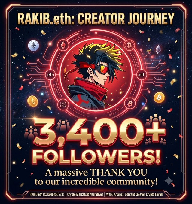 A celebratory graphic reads "RAKIB.eth: CREATOR JOURNEY - 3,400+ FOLLOWERS! A massive THANK YOU to our incredible community!" featuring an anime-style character with crypto symbols.