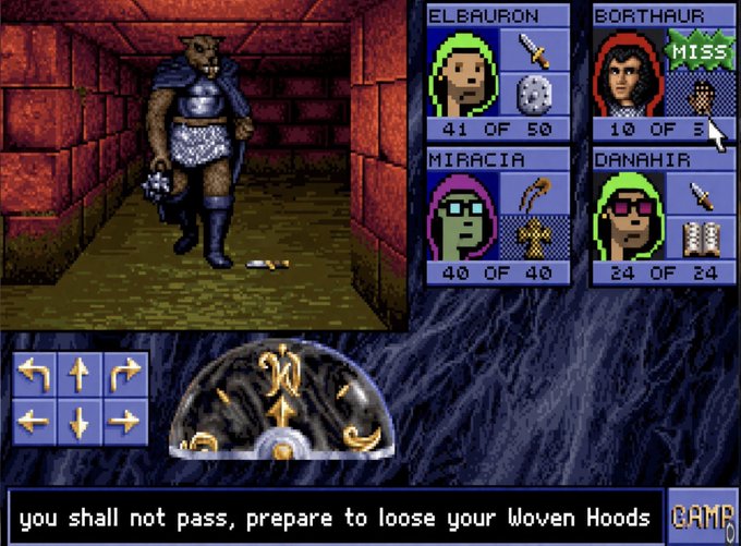 A retro RPG game screenshot showing a battle with a rat-like enemy in a dungeon; the party includes Elbauron (41/50 HP), Borthaur (10/3 HP, MISS), Miracia (40/40 HP), and Danahir (24/24 HP), with text reading 'you shall not pass, prepare to loose your Woven Hoods' alongside a compass.