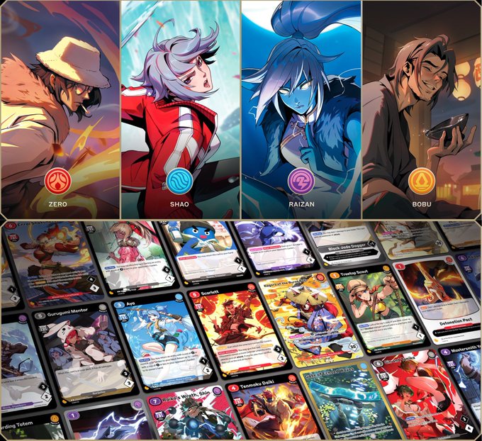 Four Azuki Elemental Saga characters—Zero, Shao, Raizan, and Bobu—appear above a spread of trading cards including Ayo, Scarlett, Smiling Sun Spirit, and Tassleback Daffy, showcasing the game's anime-style artwork and diverse card roster referenced in the post about Azuki's early entry into the TCG space.