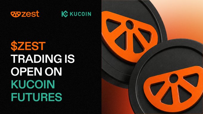 The image features a black background with two orange circles, one larger than the other, positioned at the center of the frame. The text "ZEST" is written above the circles, and below them, there's a description that reads "Trading is open on Kucoin Futures". The post also mentions that the company is listed on @kucoincom Futures with up to 10x leverage.