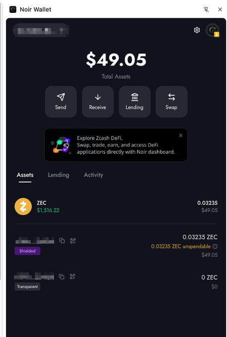 A screenshot of a Noir Wallet interface showing a total balance of $49.05 with ZEC assets, featuring Send, Receive, Lending, and Swap options, and a banner promoting 'Explore Zcash DeFi'.