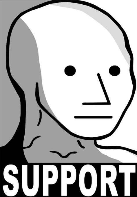 A simple gray-toned illustration of a bald NPC meme character with a neutral expression above the word 'SUPPORT' in bold white text.