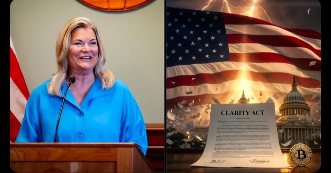 The image shows a blonde woman in a blue shirt speaking at a podium with a microphone on the left, paired with a graphic on the right featuring an American flag, lightning, the U.S. Capitol building, and a document labeled "CLARITY ACT" alongside a Bitcoin symbol—visually reinforcing the post's announcement about the CLARITY Act potentially advancing to the Senate floor in mid-July after nearly 10 months of legislative work on crypto regulation.