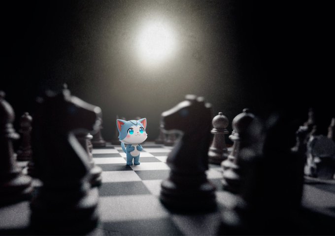A small blue cartoon cat stands on a chessboard, illuminated by a spotlight and surrounded by towering black and white chess pieces. The image visually reinforces the message "Think chess while others think checkers" by depicting the small cat as a strategic chess player facing down larger opponents, symbolizing outthinking the competition.