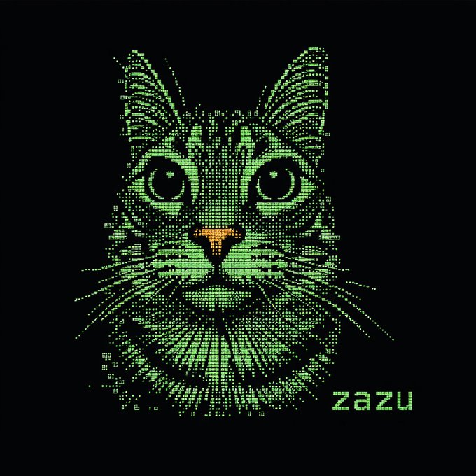 A pixel art illustration of a green cat's face on a black background, with the text 'zazu' displayed in the bottom right corner.