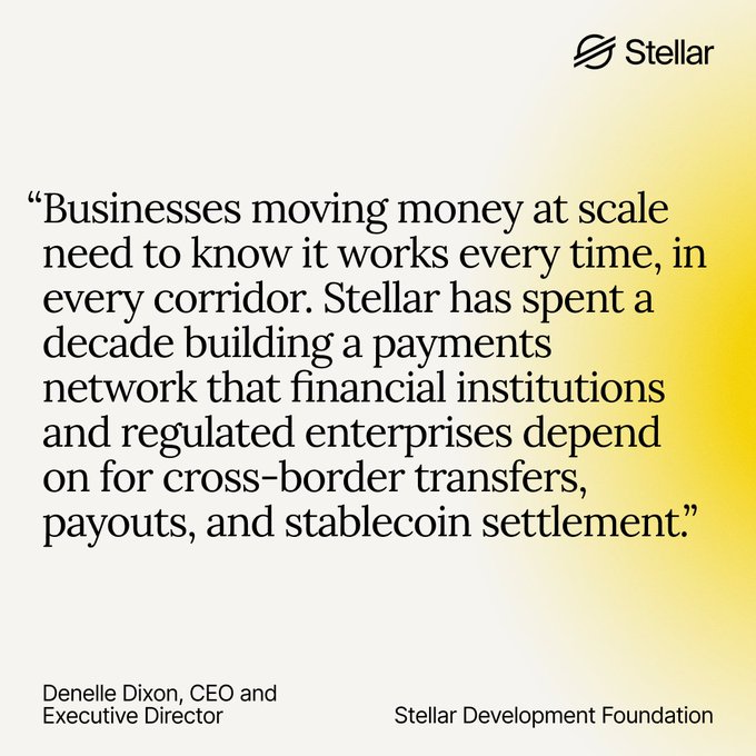 A quote graphic featuring Stellar's logo, displaying a statement from CEO and Executive Director Denelle Dixon about the Stellar Development Foundation's decade of building a reliable payments network for cross-border transfers, payouts, and stablecoin settlement—emphasizing the dependability that financial institutions require, as highlighted in the accompanying post about the BVNK integration.