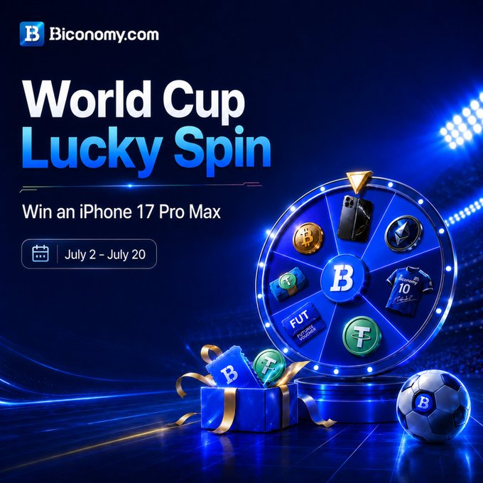 A Biconomy.com promotional banner advertises a "World Cup Lucky Spin" event running July 2 – July 20, featuring prizes of an iPhone 17 Pro Max, signed jerseys, and USDT, with a prize wheel displaying Bitcoin, Ethereum, Tether, merchandise, and a soccer ball against a blue stadium-lit background.