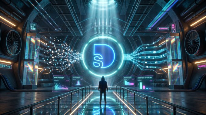 The image shows an individual standing in front of a large blue circle that has the letters "D" and "S" inside of it. The person appears to be looking at this circle with interest, possibly contemplating its meaning or significance. The background features a futuristic setting with various technological elements such as lights and machines, giving the impression of a space filled with advanced technology.

The image also contains text that reads: "Focus on what is in the image and how it relates to the post #Base, interact with a dozen new protocols, and suddenly your address". This phrase seems to be related to the content of the image or could be part of an advertisement for a service or product.