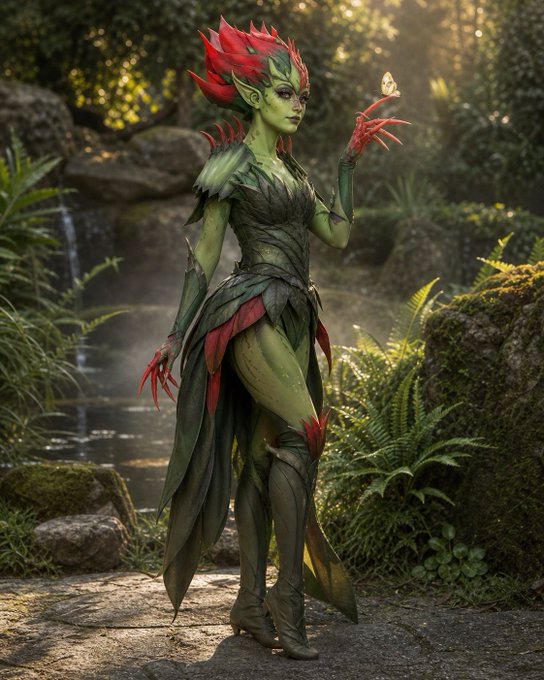 Fantasy artwork of a green-skinned fairy or plant-like humanoid creature with red petal-like hair and clothing, holding a glowing butterfly in a lush forest setting with a waterfall.