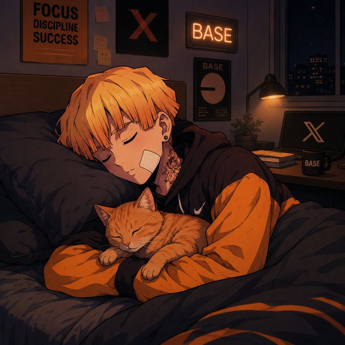 An anime-style illustration shows a blonde person sleeping peacefully with an orange cat, surrounded by posters reading 'FOCUS DISCIPLINE SUCCESS', 'BASE', and an 'X' logo.