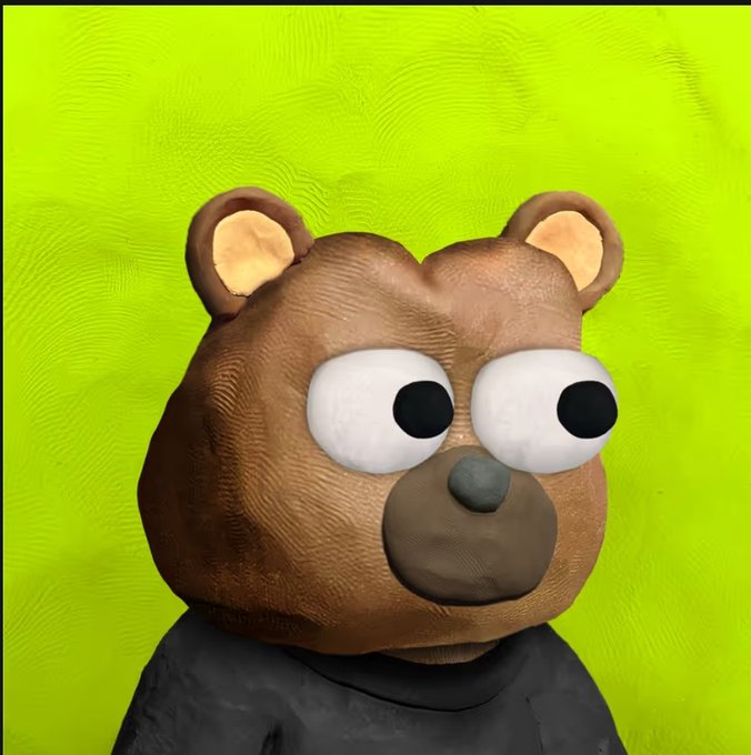 A 3D rendering or clay sculpture of a brown bear's head with large white eyes and a black nose, set against a bright green textured background.