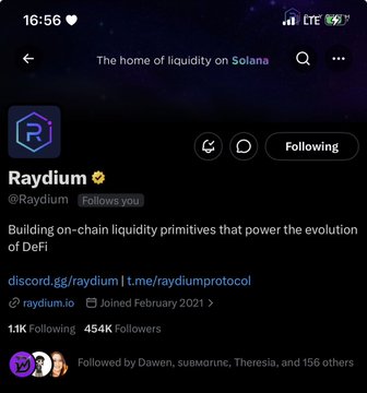 Twitter/X profile page for Raydium (@Raydium), described as 'The home of liquidity on Solana,' with the bio 'Building on-chain liquidity primitives that power the evolution of DeFi' and 1.1K followers.