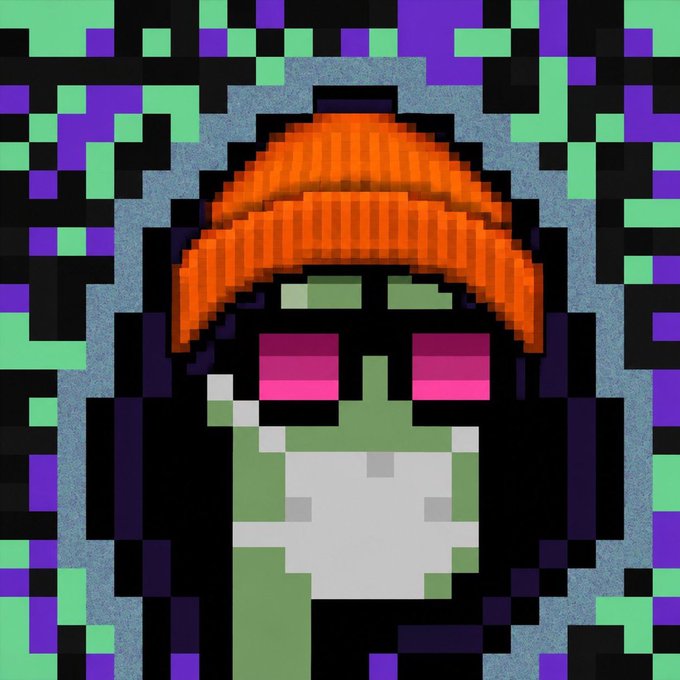 A pixel art image of a green-skinned zombie-like character with orange hair, pink eyes, and a white shirt, set against a background of green, purple, and black glitchy squares.