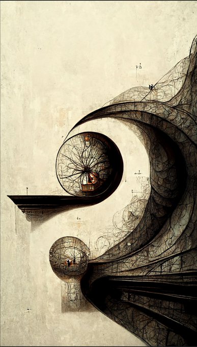 An intricate, abstract architectural sketch or illustration in a vintage style, featuring swirling, spherical structures and detailed web-like line work.