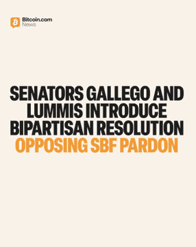 The image features a poster with black text that reads "Senators Gallego and Lumis Introduce bipartisan resolution Opposing SBF Pardon". The poster also includes an orange border, which adds a pop of color to the design. The text on the poster seems to be related to a political issue or event, possibly discussing the Senate's response to a situation involving Bitcoin or cryptocurrency.