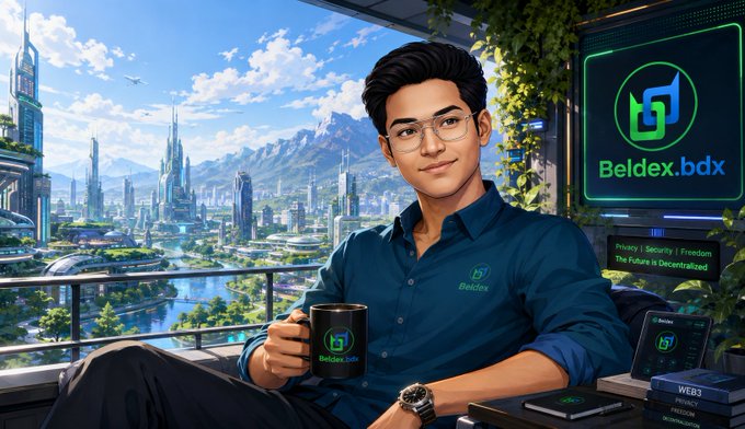 A digital illustration shows a man with glasses in a blue shirt holding a mug branded 'Beldex.bdx', with 'Privacy | Security | Freedom' and 'The Future is Decentralized' displayed on a screen beside him against a futuristic cityscape.