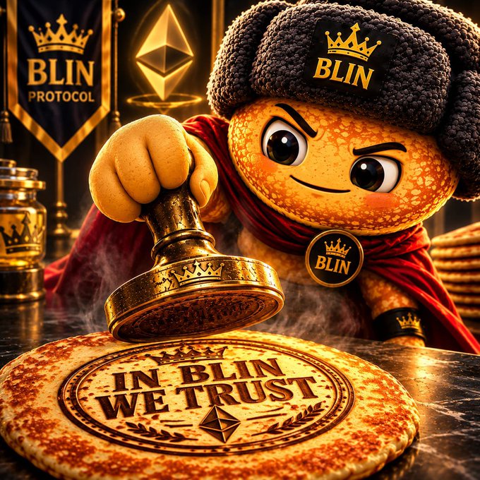3D-rendered mascot character wearing a "BLIN" beanie and cape, stamping an "IN BLIN WE TRUST" seal next to the "BLIN Protocol" logo and crown emblem.
