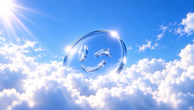 A digital artwork depicts a translucent, glass-like smiley face floating in a bright blue sky filled with fluffy white clouds, illuminated by sunbeams.