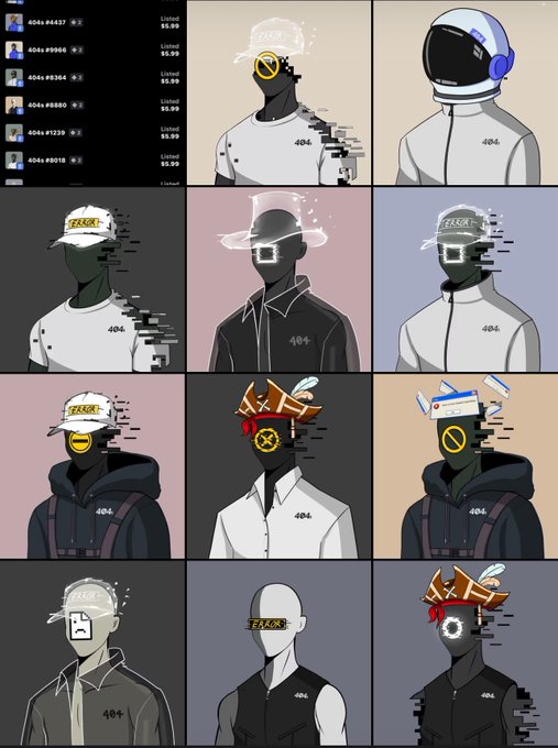 A grid of digital art avatars featuring stylized figures with glitch effects, anonymous masks, and caps, with the number '404' visible on their clothing.
