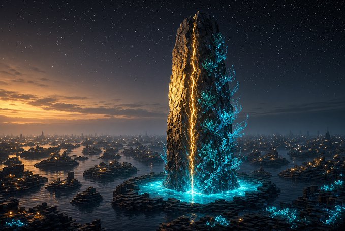 A fantasy digital artwork depicting a tall, glowing stone monolith split down the middle with golden and cyan energy, standing in water surrounded by a floating city at twilight.