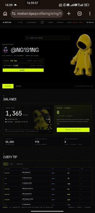 A mobile screenshot of the motion.tips profile for user @NG1S1NG showing 1,365 tIPS balance and 970 lifetime tip amount with a yellow character avatar.