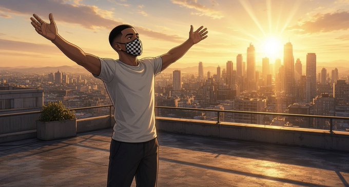 A stylized illustration of a young man wearing a black-and-white checkered face mask, standing on a rooftop with his arms raised triumphantly against a sunset cityscape.