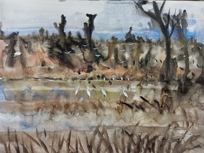 The image is a digital painting of a serene landscape featuring egrets wading in a misty marsh with trees, rendered in soft, watercolor-like strokes. It reflects the post's description of "Veils of Color Art"—showcasing handcrafted digital art with layered washes of earthy browns and blues that mimic the delicate, veiled quality of watercolor technique.
