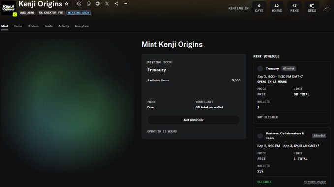 The Kenji Origins NFT mint page showing 'Minting Soon' with a countdown timer and mint schedule details.