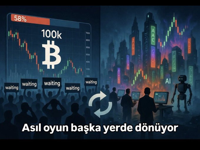 The image features a scene of people standing around a computer screen with the words "Herkes hâlâ" written above them, indicating that they are talking about Bitcoin or cryptocurrency dominance. A large graph showing the rise of Bitcoin's value over time is also visible in the background. The image includes text in both Turkish and English to provide multiple language options for the viewers. One person appears to be explaining something to another, emphasizing a sense of interaction and discussion surrounding the topic at hand.