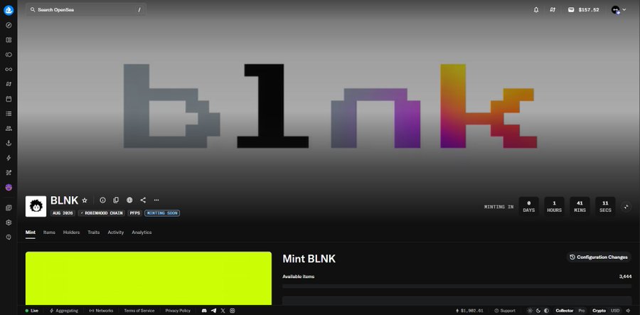 An OpenSea NFT listing page displays the 'blnk' logo prominently, featuring an item titled 'Mint BLNK' from a collection launching on August 2026 with 3,444 available items.