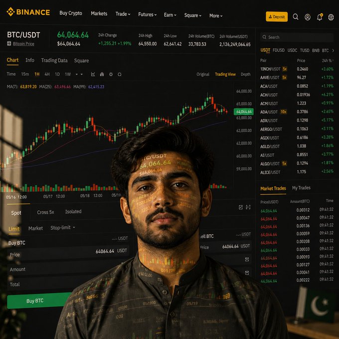 A man standing in front of the Binance trading interface showing BTC/USDT price at 64,064.64 with a +1.99% change, trading charts, and market data displayed.