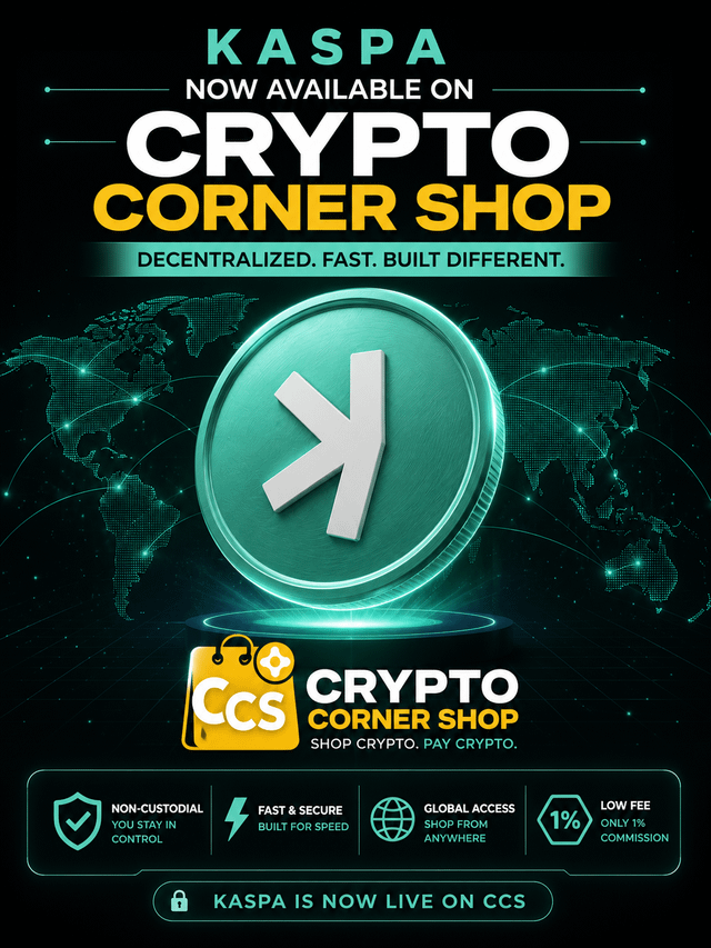Promotional graphic announcing 'KASPA NOW AVAILABLE ON CRYPTO CORNER SHOP' with the tagline 'DECENTRALIZED. FAST. BUILT DIFFERENT.' and highlights including non-custodial, fast & secure, global access, and 1% low fee.