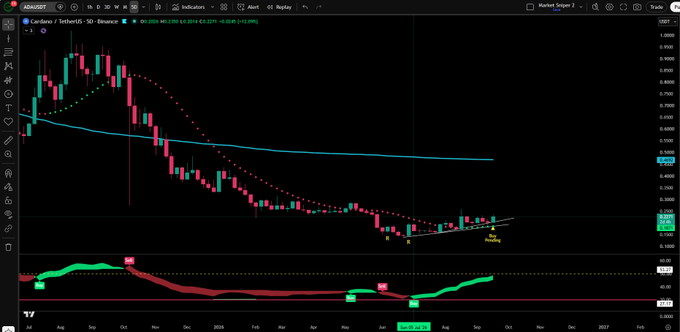 A TradingView candlestick chart for ADA/USD (Cardano) shows a recent bullish reversal with a small green candle forming near the $0.62-$0.64 zone, accompanied by an RSI buy signal (green) and the Money Flow indicator flipping to green trending dots—aligning with the post's claim of a buy signal and reversal confirmation after months of bearish momentum.