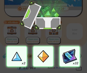 A screenshot from a mobile game showing a loot box opening interface with rewards including gems, a diamond/crystal token (x2), and a glowing crystal shard (x32) after defeating a level 20 monster.