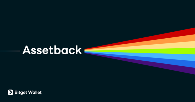 A dark banner displays the white text "Assetback" on the left, with a horizontal line extending into a vibrant rainbow spectrum (red, orange, yellow, green, blue, and purple) that fans out toward the right side. The "Bitget Wallet" logo and name appear in the bottom-left corner, tying the colorful, light-inspired graphic to the Bitget brand.