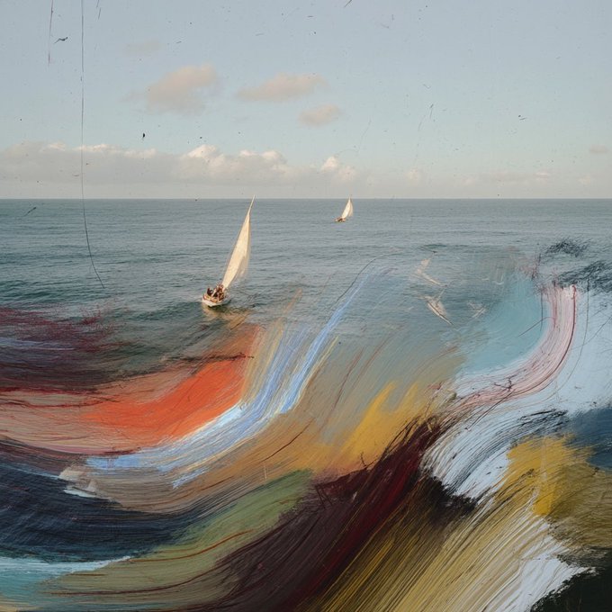 An artistic blend of photography and painting showing sailboats on the ocean at dusk, with the water's surface replaced by thick, colorful brushstrokes of red, blue, yellow, and green.