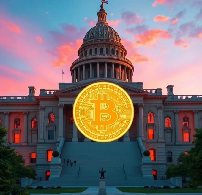 The U.S. Capitol building is shown at sunset with a large golden Bitcoin symbol overlaid on its facade, symbolizing the intersection of cryptocurrency and government policy. The image visually reinforces the post's message about Texas establishing a state-funded Bitcoin reserve as a historic step in legitimizing Bitcoin as a strategic financial asset within U.S. governance.
