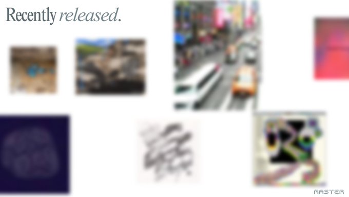 A collection of blurred thumbnail images labeled 'Recently released.' by 'RASPYER', showing various artworks, cityscapes, and abstract designs in a grid layout.