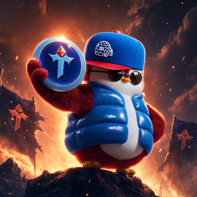 A penguin mascot wearing a blue cap, sunglasses, and puffy vest triumphantly holds up a blue shield with a "T" emblem against a fiery, battle-scarred landscape featuring "T" banners. The image reinforces the post's urgent call to action, visually representing the "Tollaner" badge reward earned by defeating 12 Golden Frodos to claim the Tollan Universe badge on AbstractChain within 24 hours.