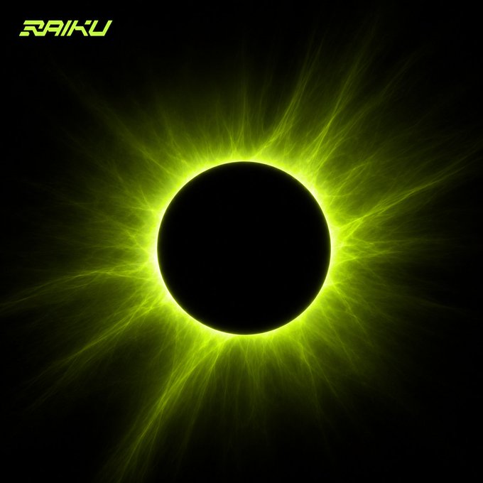 An artistic rendering of a solar eclipse featuring a black circular silhouette surrounded by a vibrant green corona of light radiating outward against a black background, branded with 'RAIKU' in the top left.