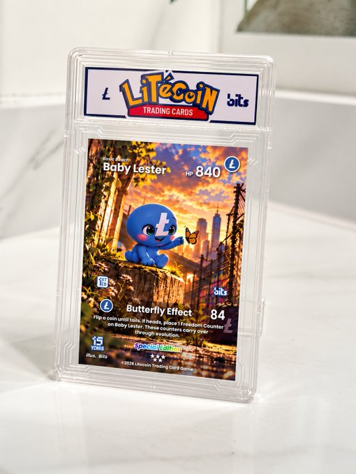A 'Litecoin Trading Cards' collectible card featuring 'Baby Lester' with HP 840 and an attack called 'Butterfly Effect', set against a bridge backdrop.