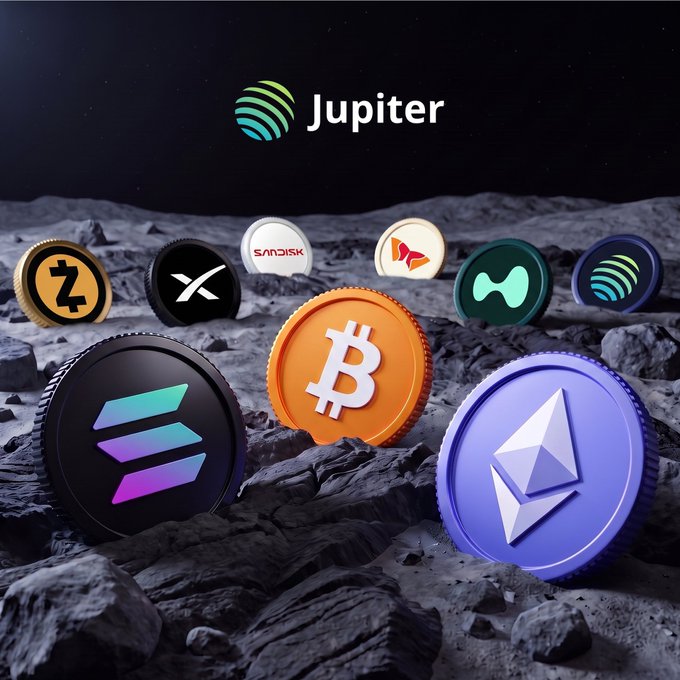 A 3D rendering shows the Jupiter logo above several cryptocurrency coins (including Bitcoin, Zcash, Ethereum, and Solana) arranged on a rocky lunar-like surface.