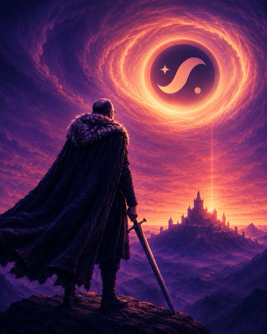 A hooded warrior with a fur-lined cloak stands on a cliff overlooking a distant castle, gazing up at a swirling cosmic portal containing a stylized 'S' logo with a star.