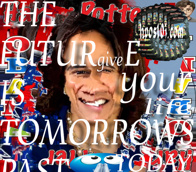 A chaotic political collage featuring a smiling woman's face overlaid with text including 'VOTE', 'THE FUTURE', 'IS YOURS', and 'TOMORROW', along with 'hpos10.com' and patriotic imagery.