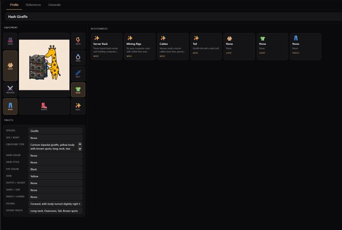 A character profile interface for 'Hash Giraffe' displays attributes including species 'Giraffe', cartoon-bipedal giraffe with brown spots, traits like 'Screen Rack', 'Mining Rigs', 'Cubes', and accessories such as T-shirt, Cape, and Pants.