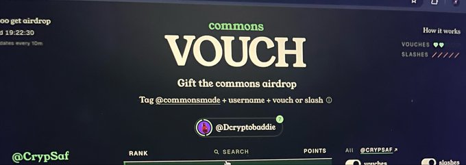 A banner for Commons' "VOUCH" airdrop campaign encourages tagging @commonsmode with a username to either vouch or slash, with @Dcryptobddie displayed in the input field, directly illustrating the vouching process described in the post.