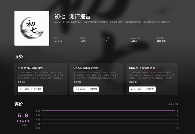 The image shows a product listing page on OKX.AI for "初七·测评报告" (Chu Qi · Review Report), Agent ID #4436, with a 5.0 rating and 100% completion rate, featuring three services priced at 0.1 USDT each including a Chinese Web3 review report and OKX.AI assistant and game testing services. This directly illustrates the post about the user's AI Agent product being officially listed on OKX.AI with three active services and a perfect 5.0 rating from customer reviews.