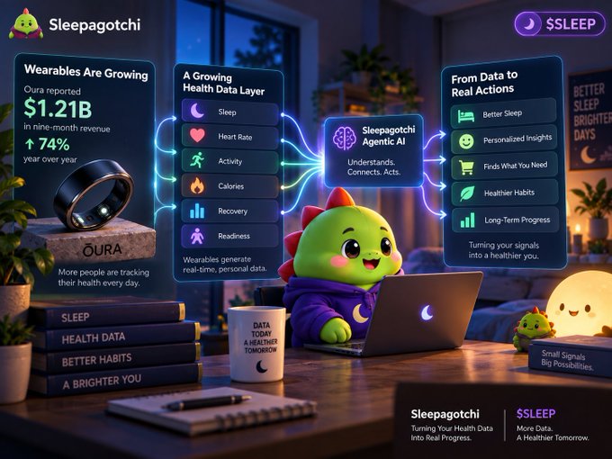 An infographic for "Sleepagotchi" and "$SLEEP" explains how wearable health data is transformed into real actions by Sleepagotchi Agentic AI, highlighting Oura's reported $1.21B in nine-month revenue and 74% year-over-year growth.