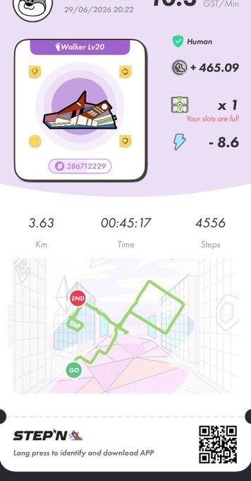 A STEP'N fitness app screenshot displays a 'Walker Lv20' with sneakers NFT, showing 3.63 km walked in 00:45:17, earning +465.09 energy, though slots are full.